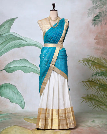Cotton Semi Stitched Dhavani Set For Women | Festive Wear & Traditional Collection | Jeyachandran - Teal
