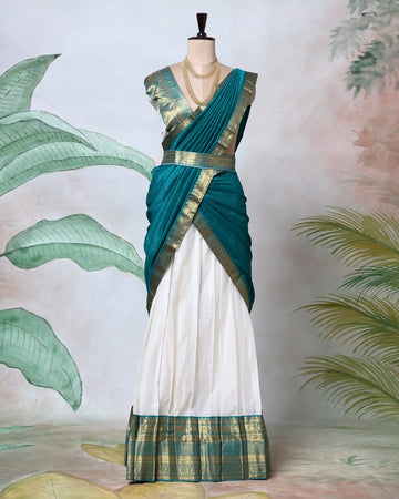 Cotton Semi Stitched Dhavani Set For Women | Festive Wear & Traditional Collection | Jeyachandran - Teal & Off White
