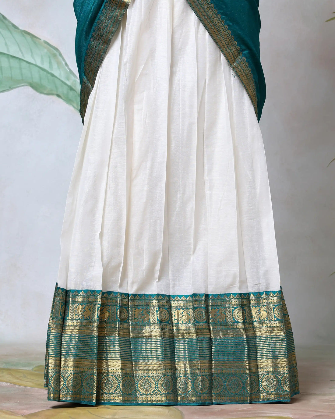 Cotton Semi Stitched Dhavani Set For Women | Festive Wear & Traditional Collection | Jeyachandran - Teal & Off White