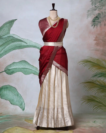 Cotton Semi Stitched Dhavani Set For Women | Festive Wear & Traditional Collection | Jeyachandran - Maroon & Cream