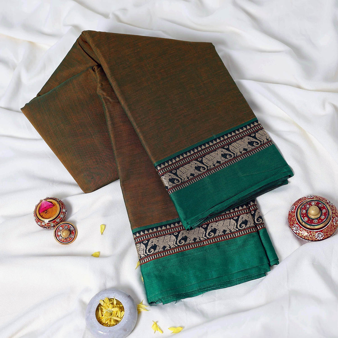 Olive Green Mangalagiri Cotton Saree with Green Border and Pallu - Full View


