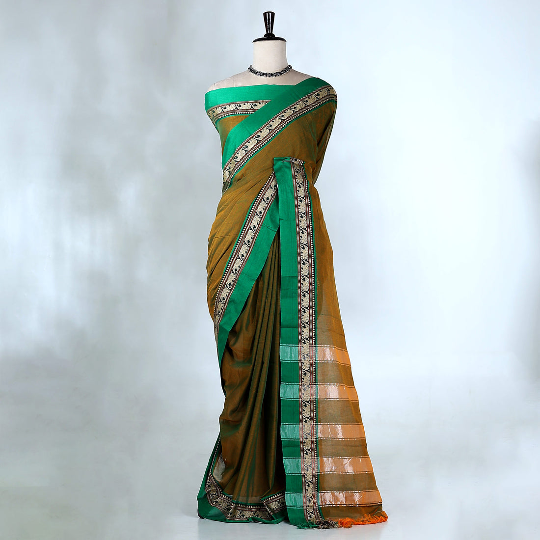 Olive Green Mangalagiri Cotton Saree with Green Border and Pallu - Full View


