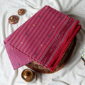 Onion Pink Bengal Cotton Saree With Striped Weave Contrast Border And Woven Motifs  Folded Product View
