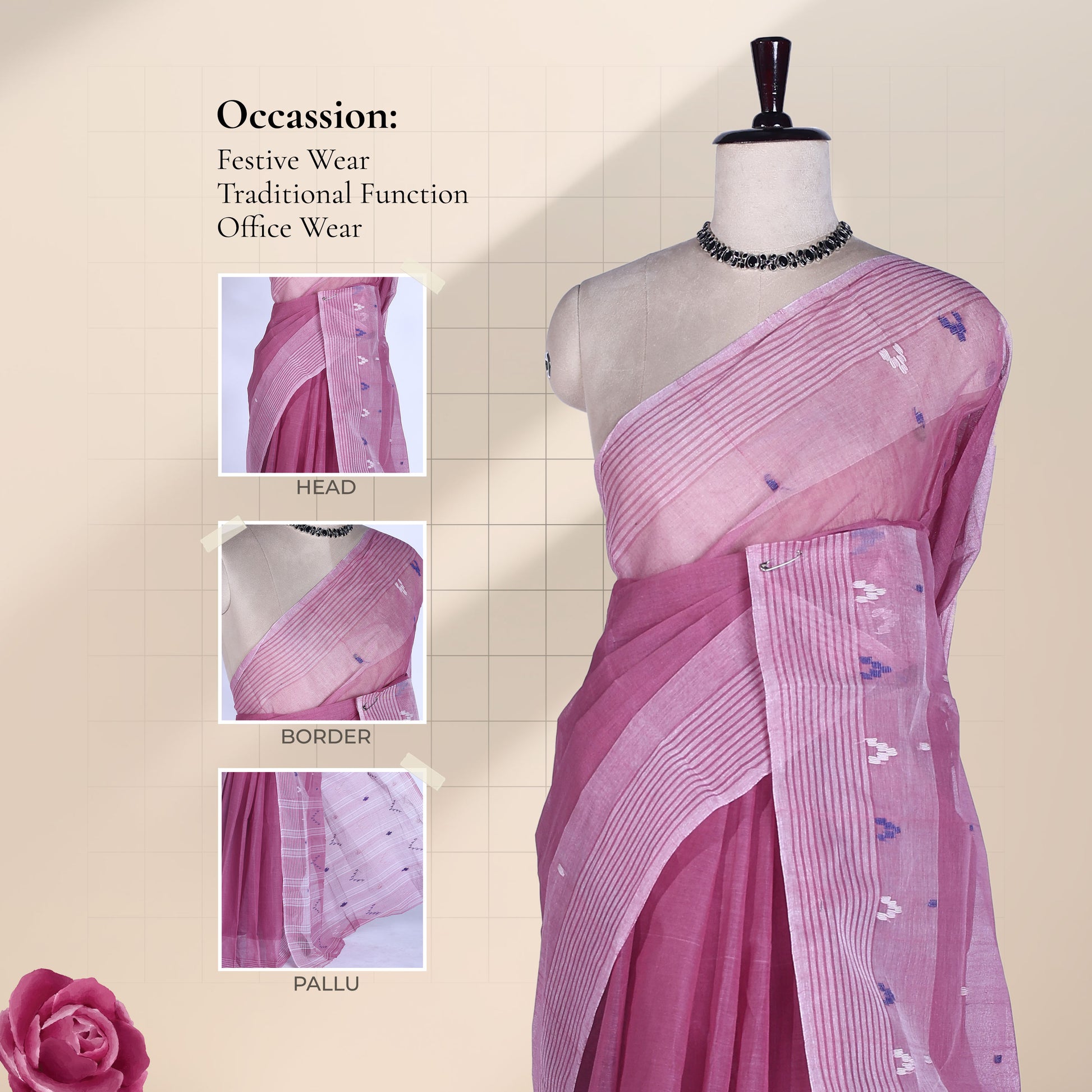 Onion Pink Bengal Cotton Saree With White Striped Border And Woven Motifs Front Drape View On Mannequin