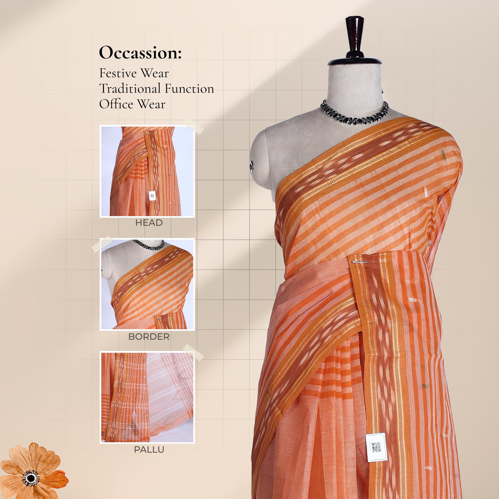 Orange Bengal Cotton Saree Featuring Woven Stripes, Butta Motifs And Contrast Pallu Draped Front View