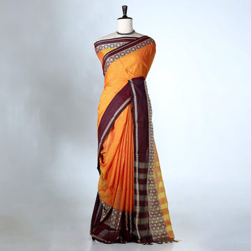 Orange Mangalagiri Cotton Saree With Maroon Zari Border And Woven Pallu - Full View