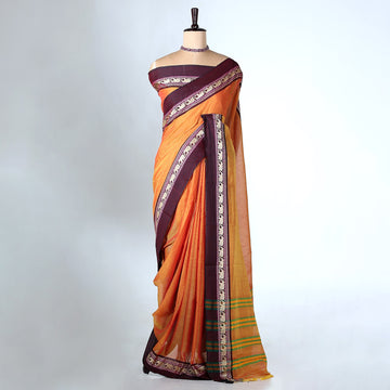 Orange Mangalagiri Cotton Saree with Dark Maroon Border and Pallu - Full View