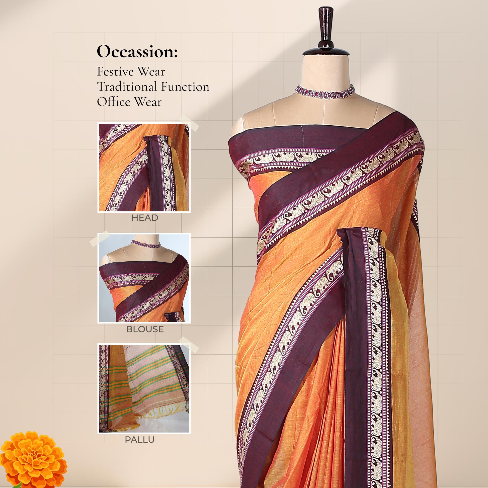 Orange Mangalagiri Cotton Saree with a Maroon Border Elephant Motif Zari Detailing and Striped Pallu