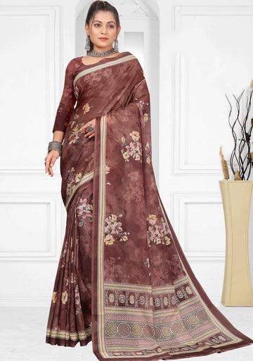 Dark Brown Colour Printed Linen Cotton Sarees