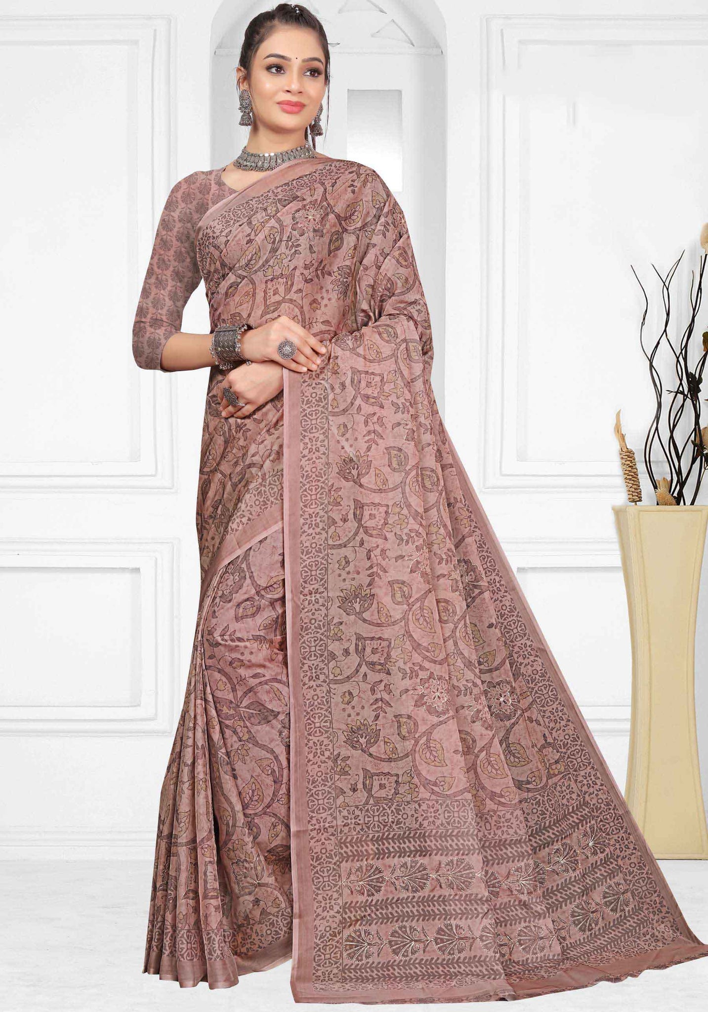 Light Brown Colour Printed Linen Cotton Sarees