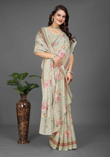 Light Green Colour Printed Linen Cotton Sarees