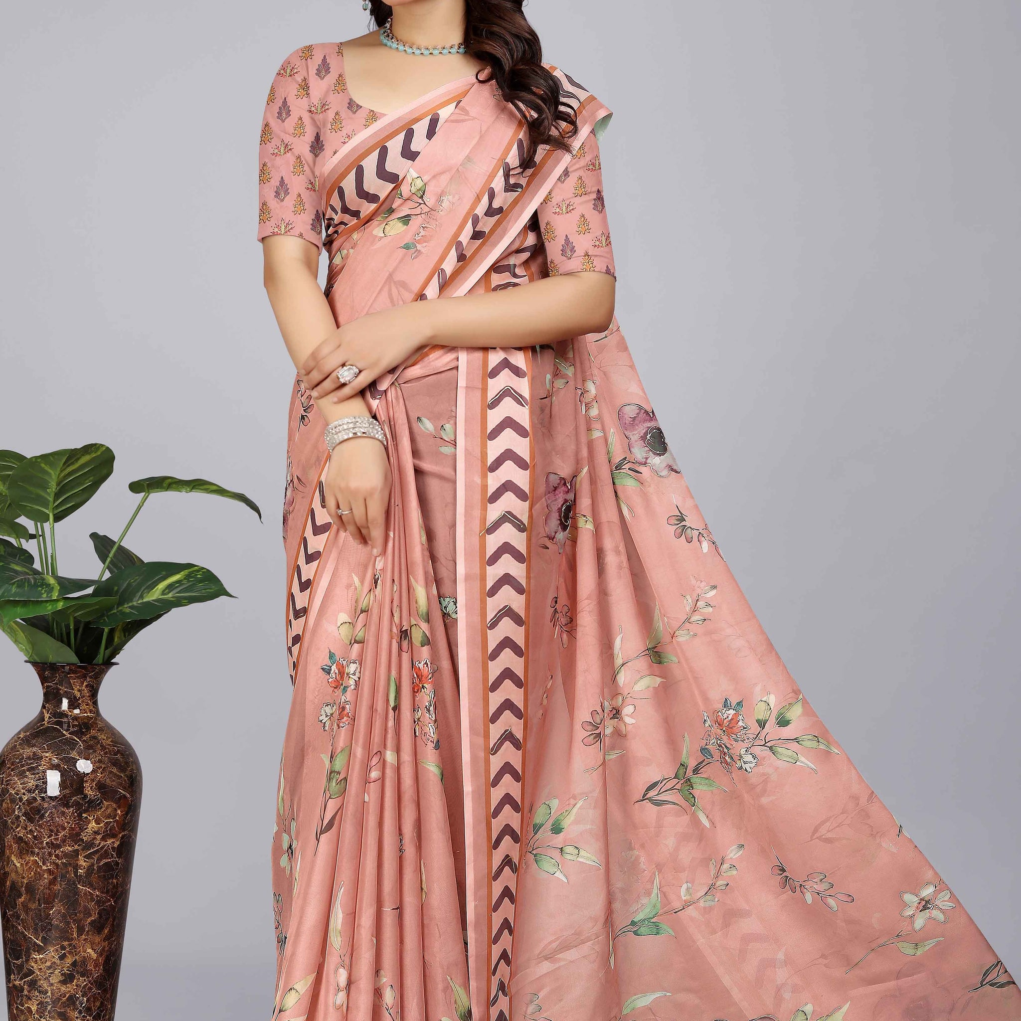 Elegant Linen Cotton Saree with Floral Prints -Peach