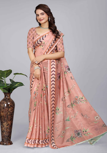 Elegant Linen Cotton Saree with Floral Prints -Peach