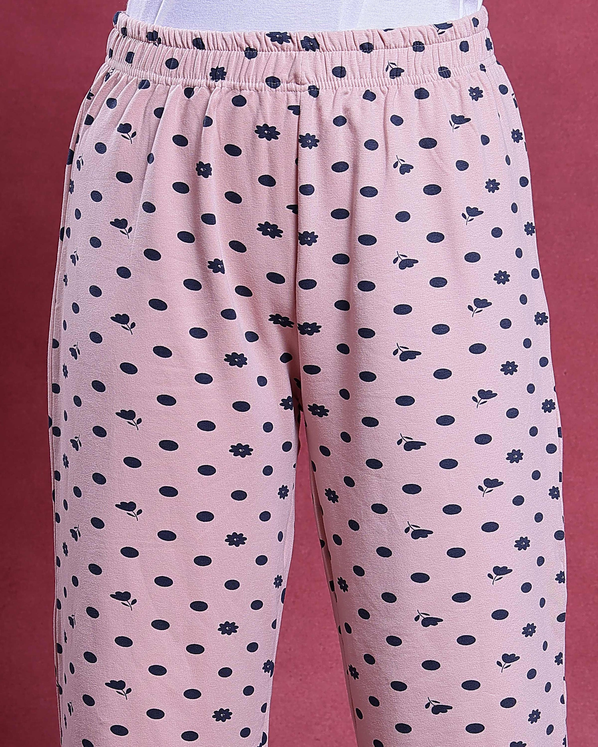 Women’s Printed Nightwear Set Short Sleeve Round Neck Top with Full Length Pajama Pants - Pink