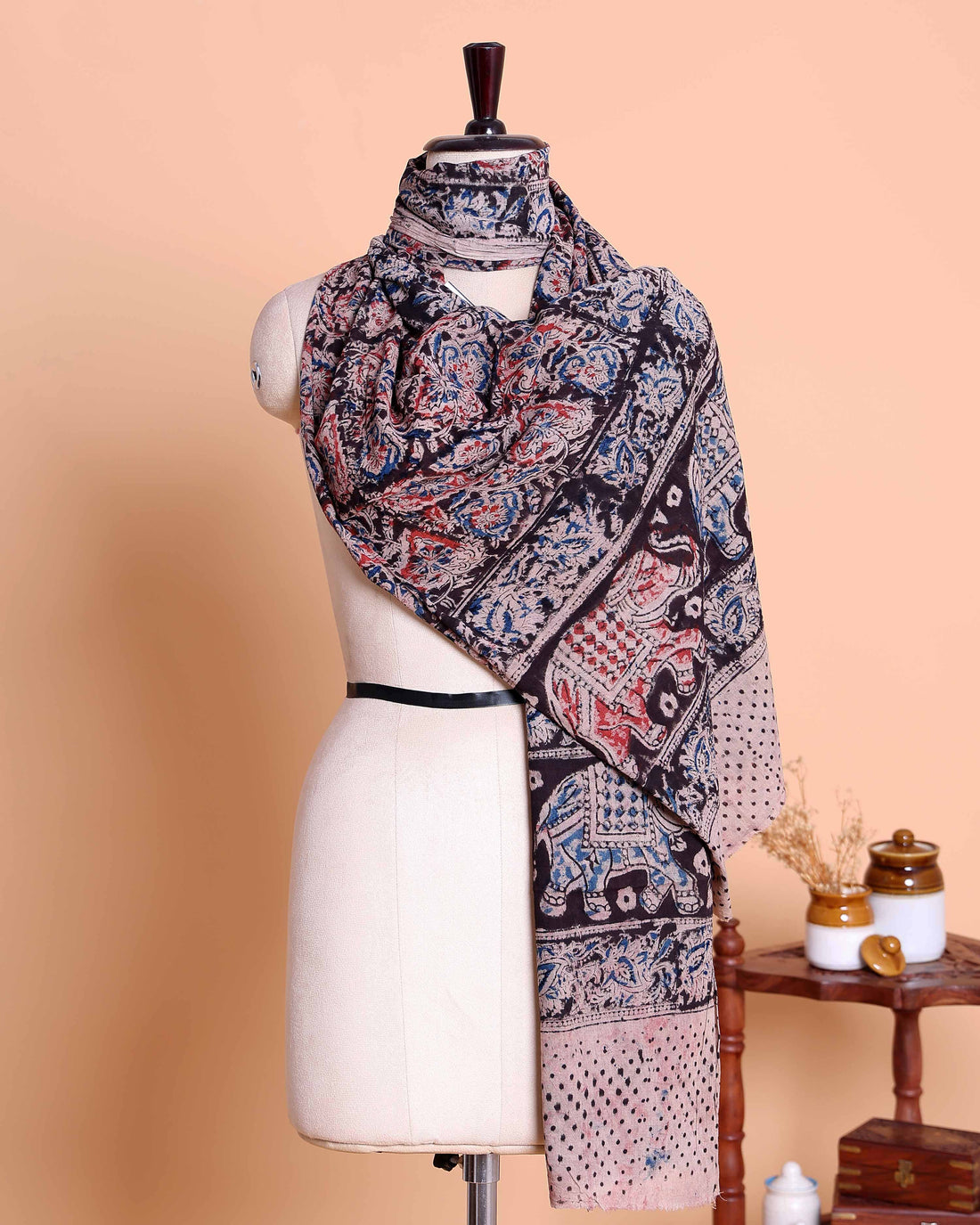 Elegant Women’s Kalamkari-Inspired Printed Dupatta with Intricate Paisley Floral Patterns and Traditional Elephant Motif Border - Multi