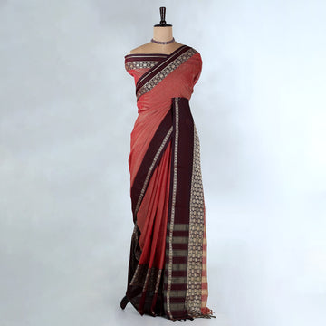Peach Mangalagiri Cotton Saree With Maroon Zari Border And Woven Pallu - Full View