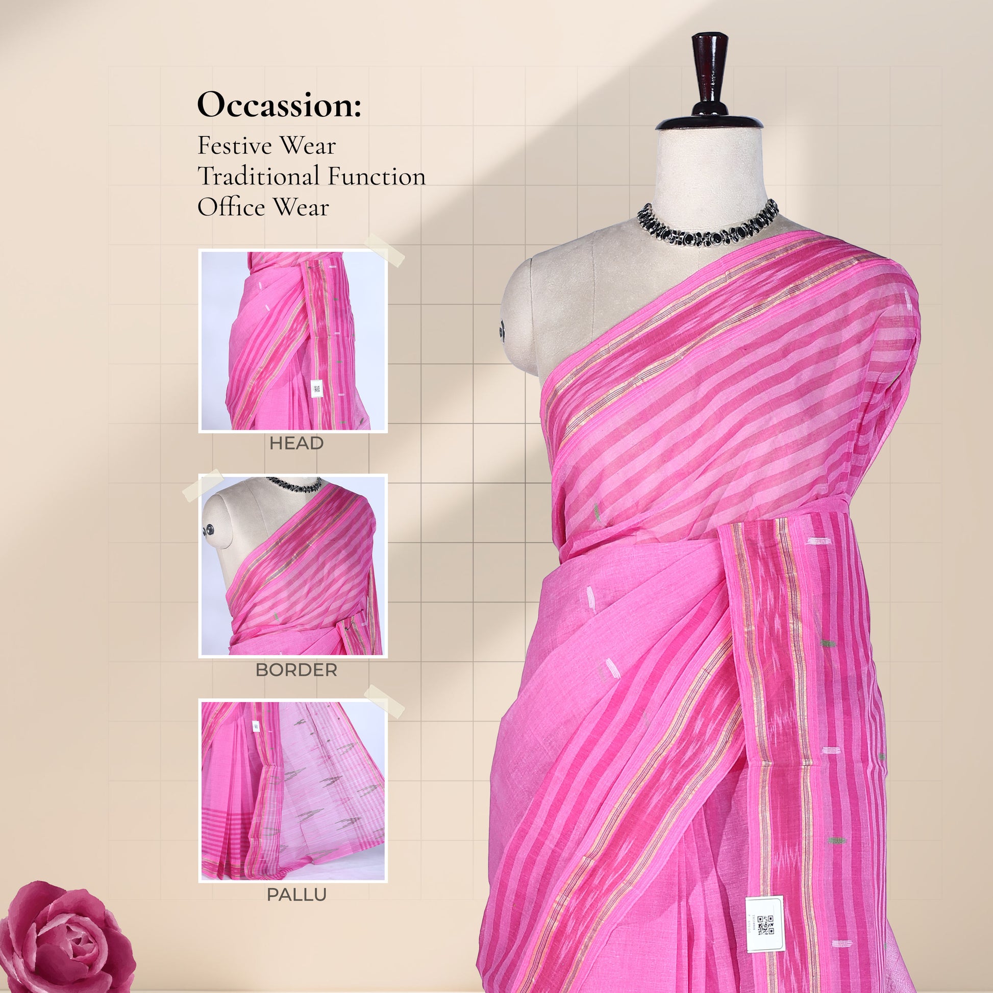 Pink Bengal Cotton Saree Featuring Woven Stripes, Butta Motifs And Contrast Pallu Draped Front View