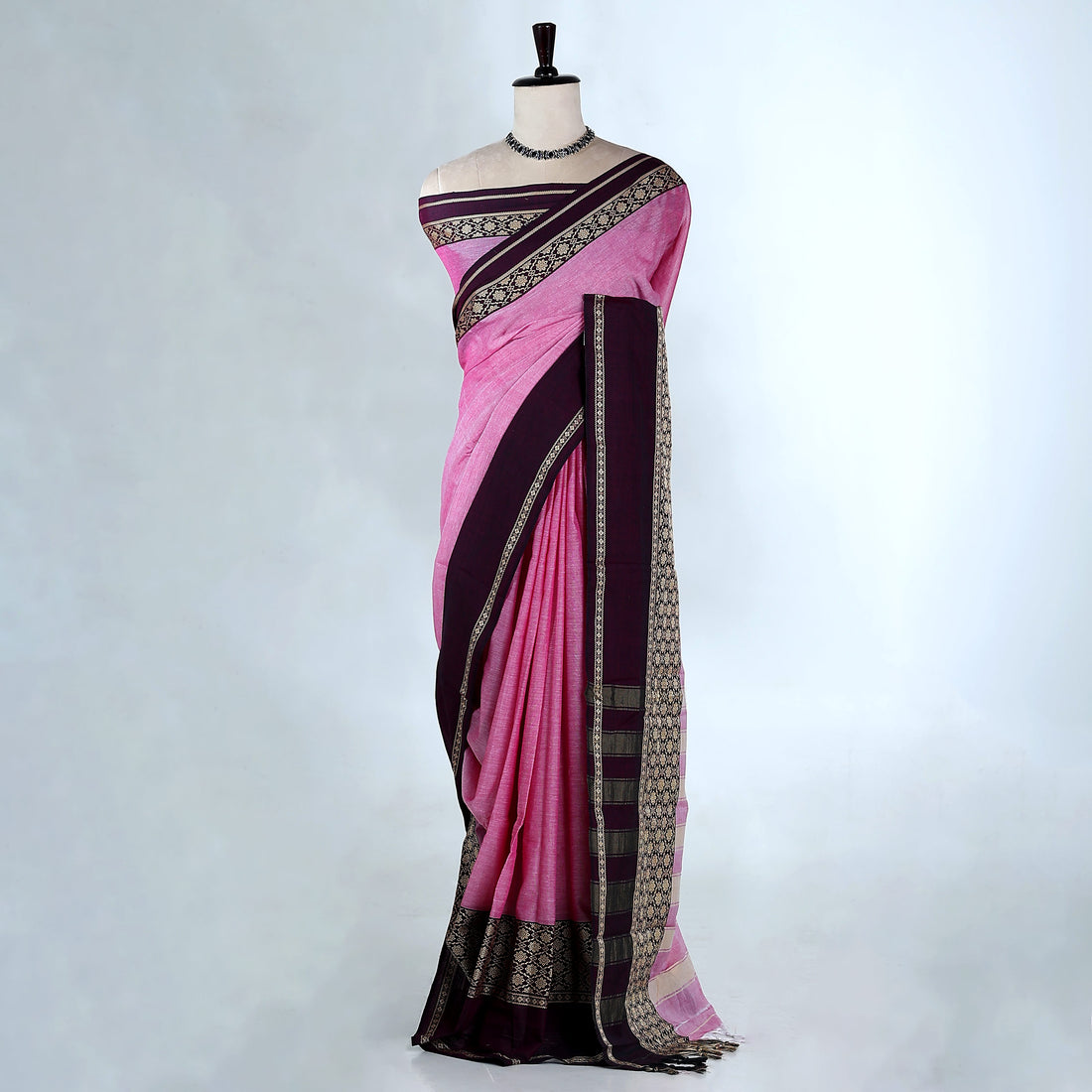 Pink Mangalagiri Cotton Saree With Dark Purple Zari Border And Woven Pallu - Full View