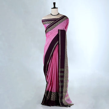 Pink Mangalagiri Cotton Saree With Dark Purple Zari Border And Woven Pallu - Full View