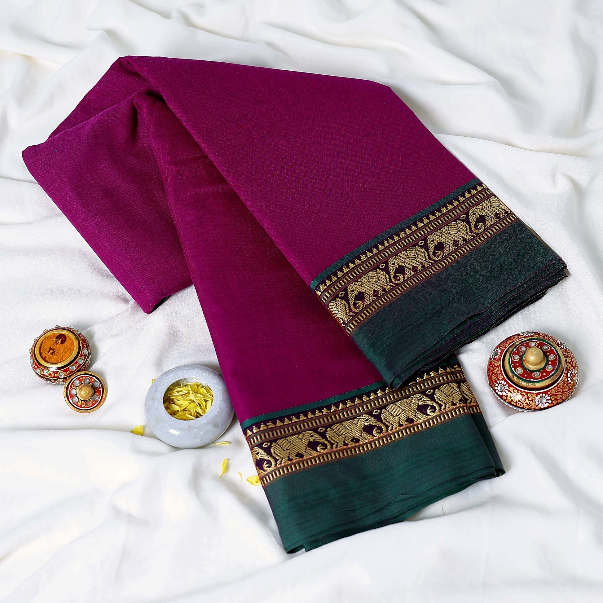 Pink Mangalagiri Cotton Saree with Dark Green Border and Elephant Motif Zari Design

