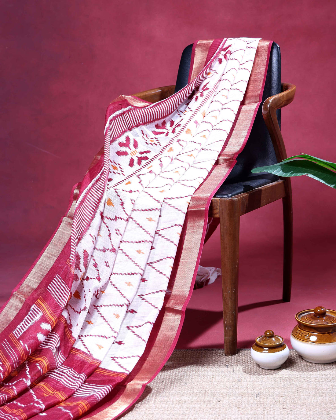 Premium Dola Saree with All Over Ikkat Pattern Weave and Zari Woven Border - Off White
