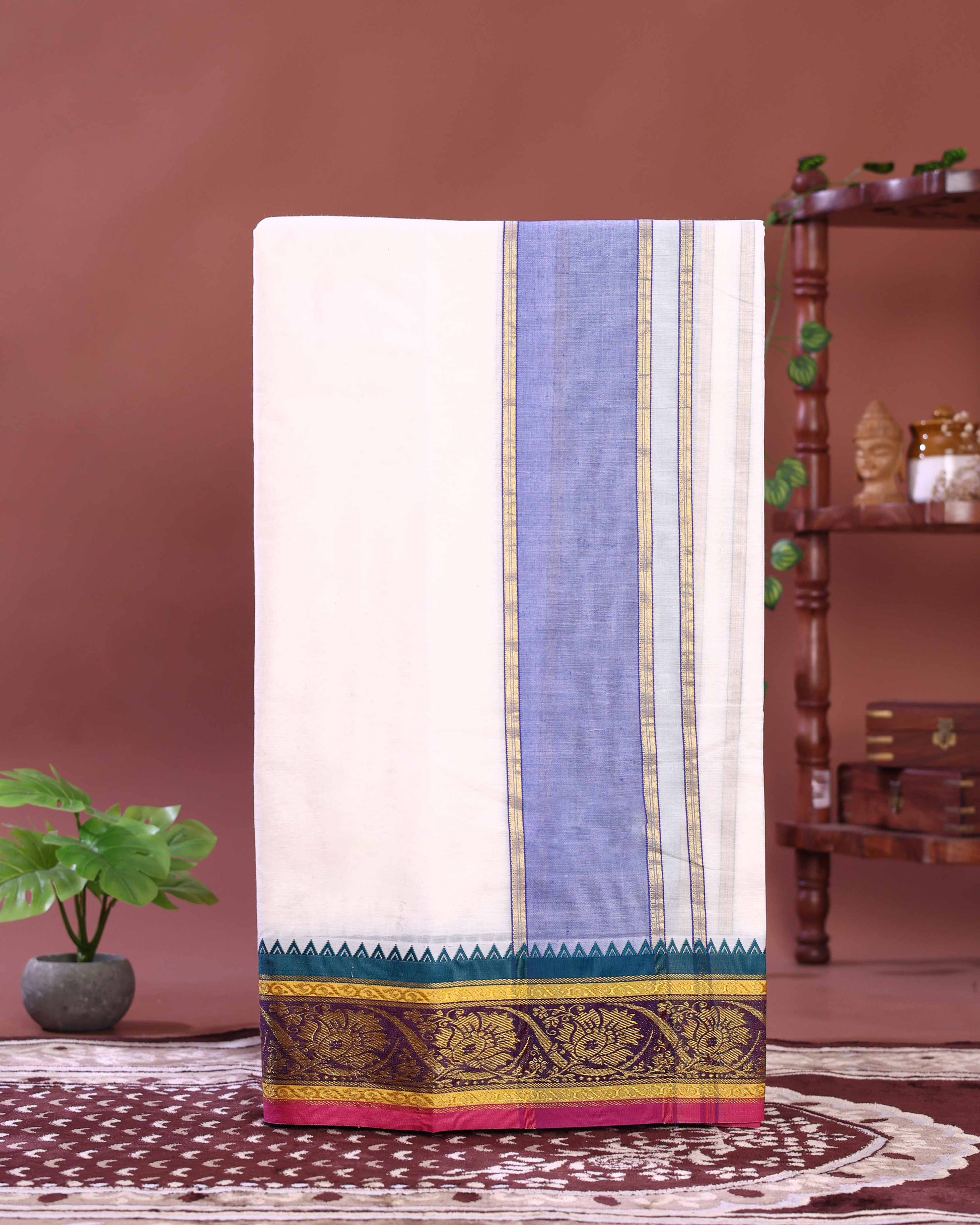 Premium Men’s Cotton Dhoti 10*6 Meter with Elegant Zari Border  – Off White