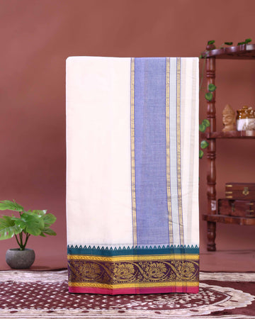 Premium Men’s Cotton Dhoti 10*6 Meter with Elegant Zari Border  – Off White