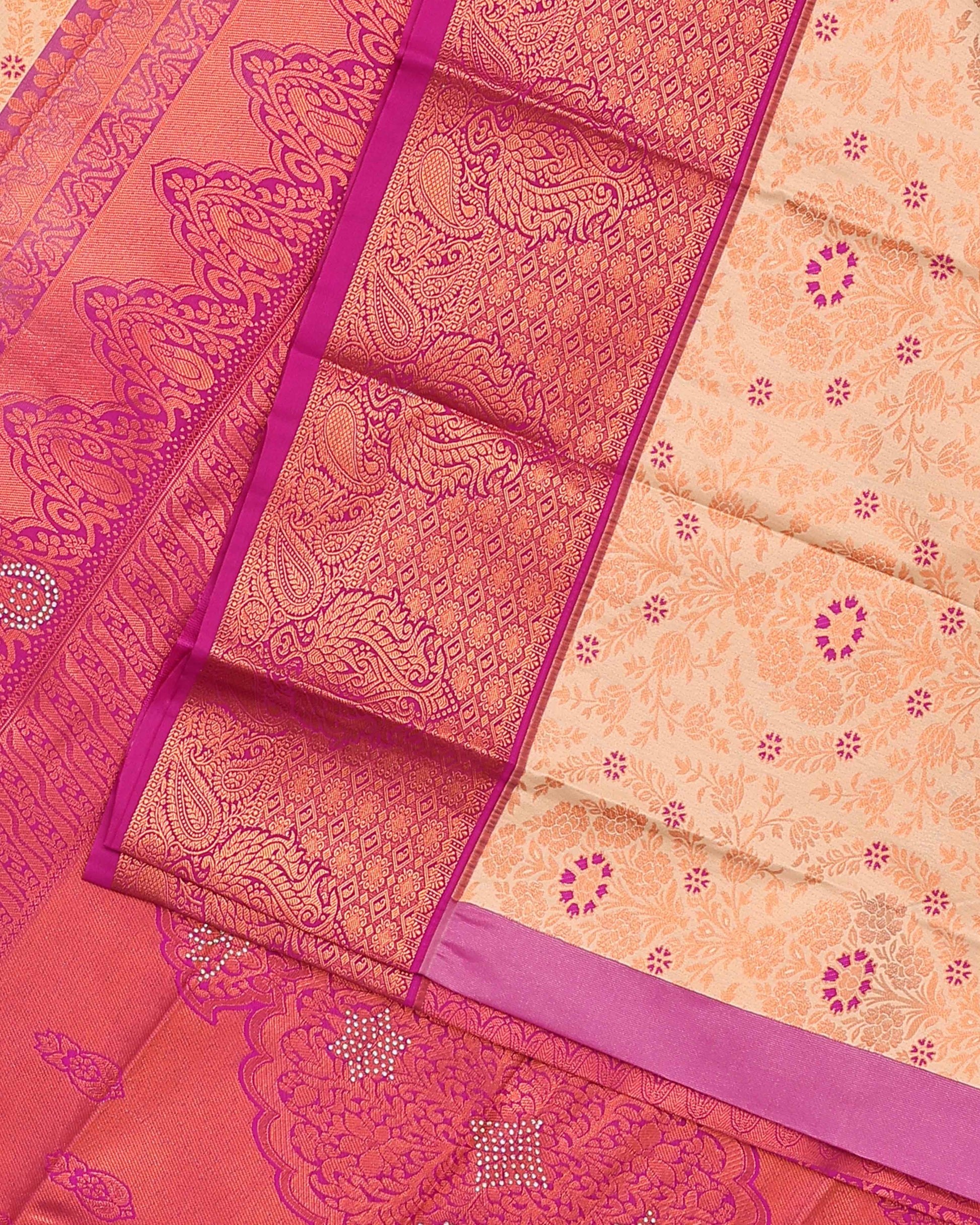Premium Silk Saree with Intricate Floral Brocade Ornate Paisley Border and Embellished Stone - Cream-Close Up