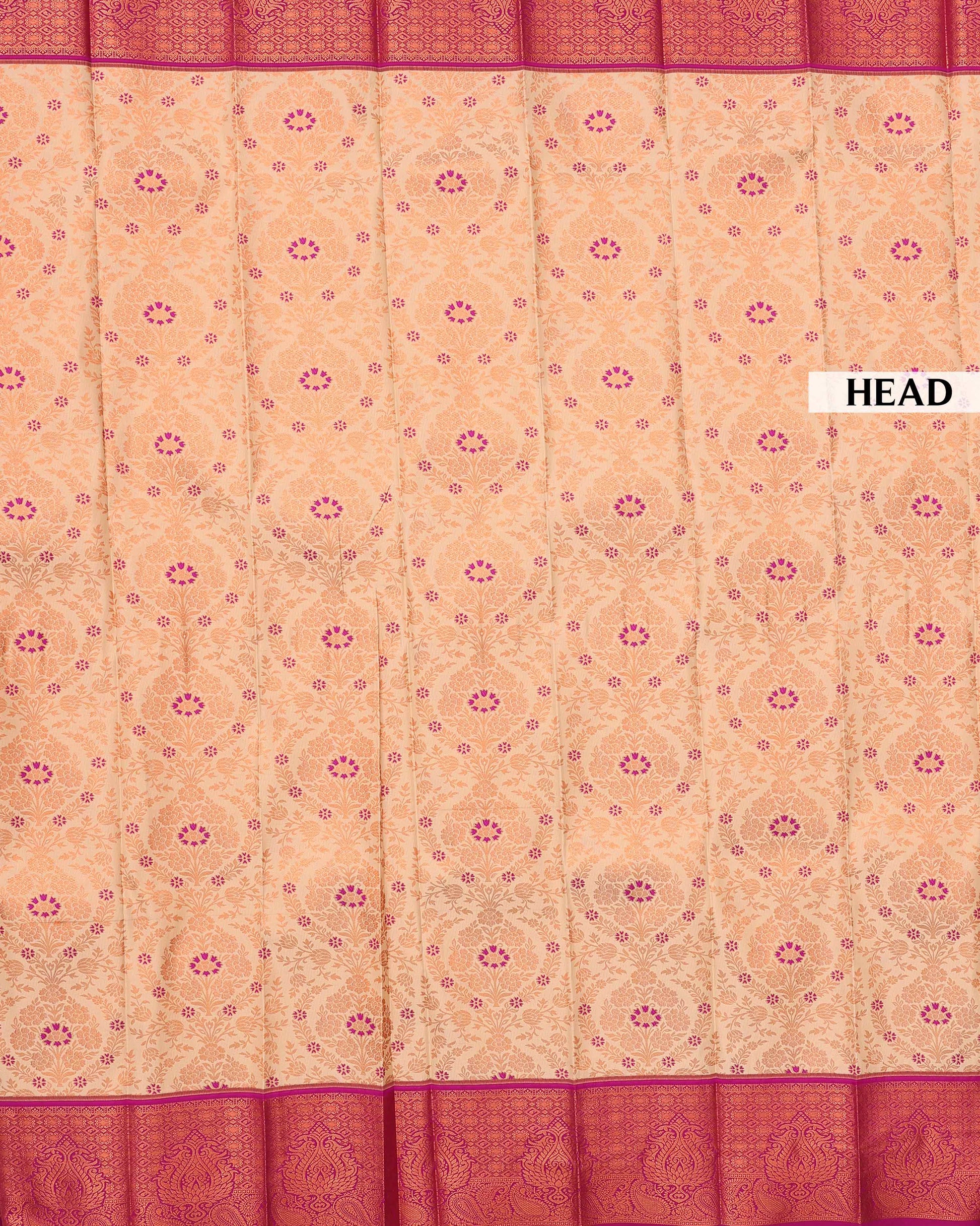 Premium Silk Saree with Intricate Floral Brocade Ornate Paisley Border and Embellished Stone - Cream-Head