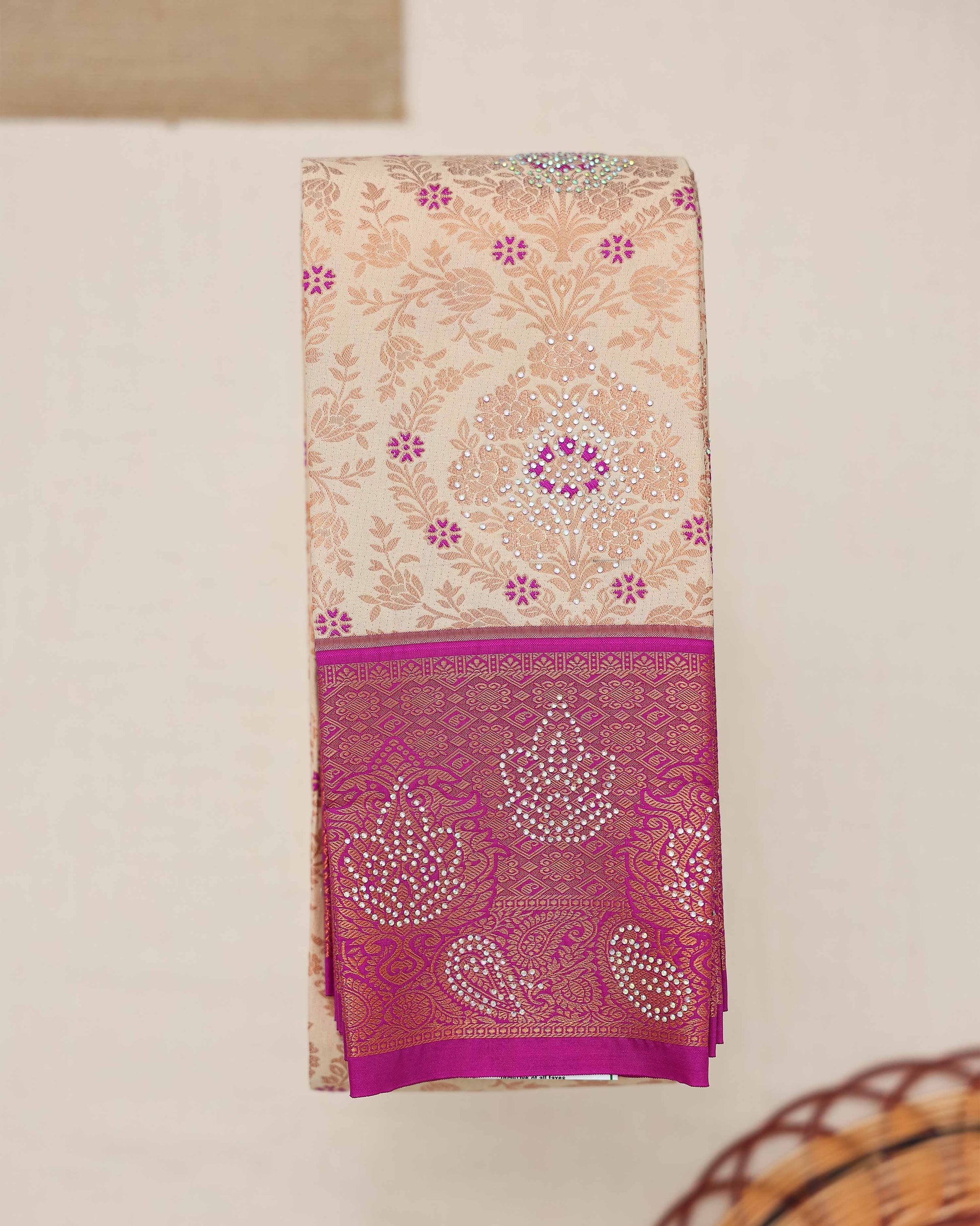 Premium Silk Saree with Intricate Floral Brocade Ornate Paisley Border and Embellished Stone - Cream