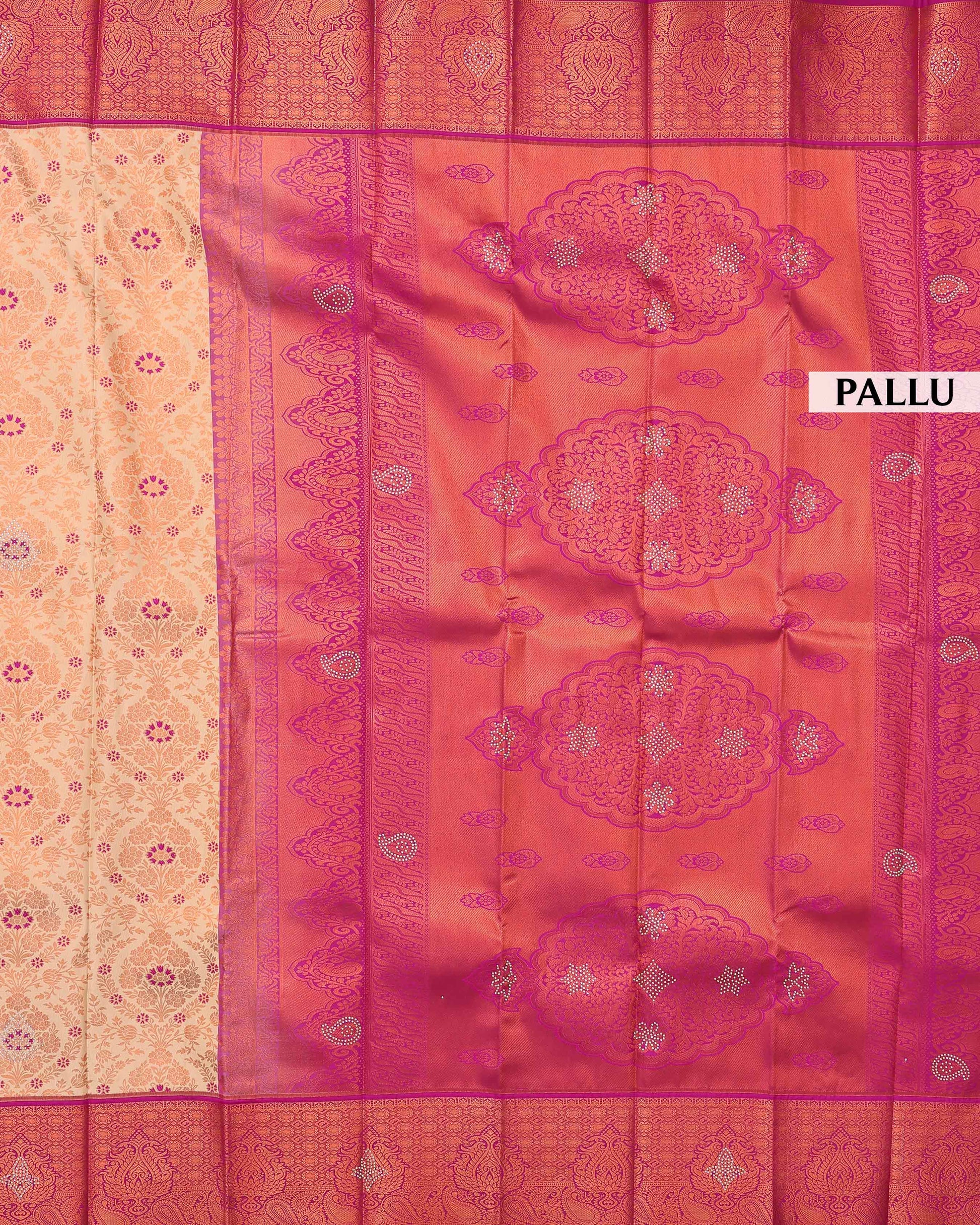 Premium Silk Saree with Intricate Floral Brocade Ornate Paisley Border and Embellished Stone - Pallu