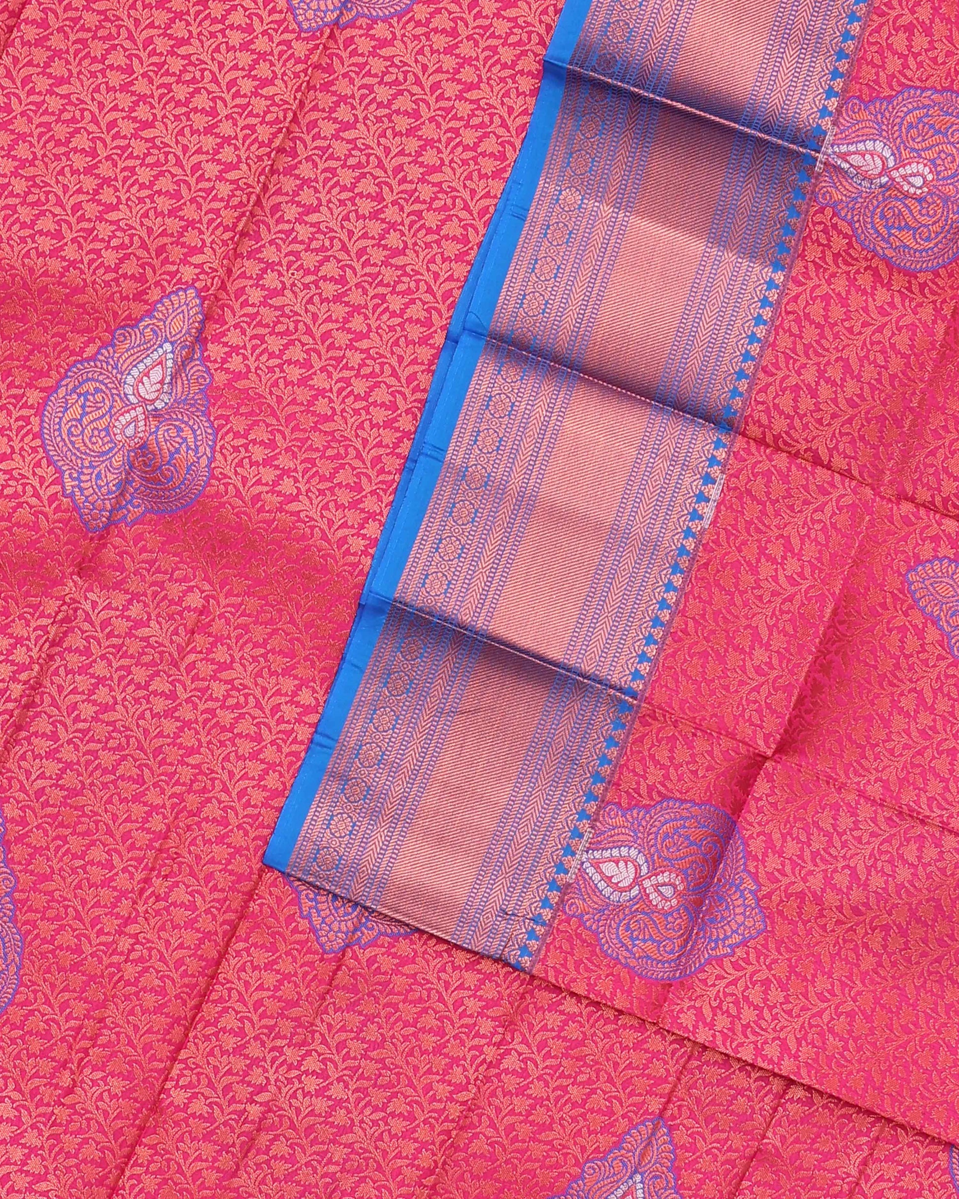 Premium Silk Saree with Intricate Floral Jacquard Weave and Traditional Temple Border - Pink-Close Up