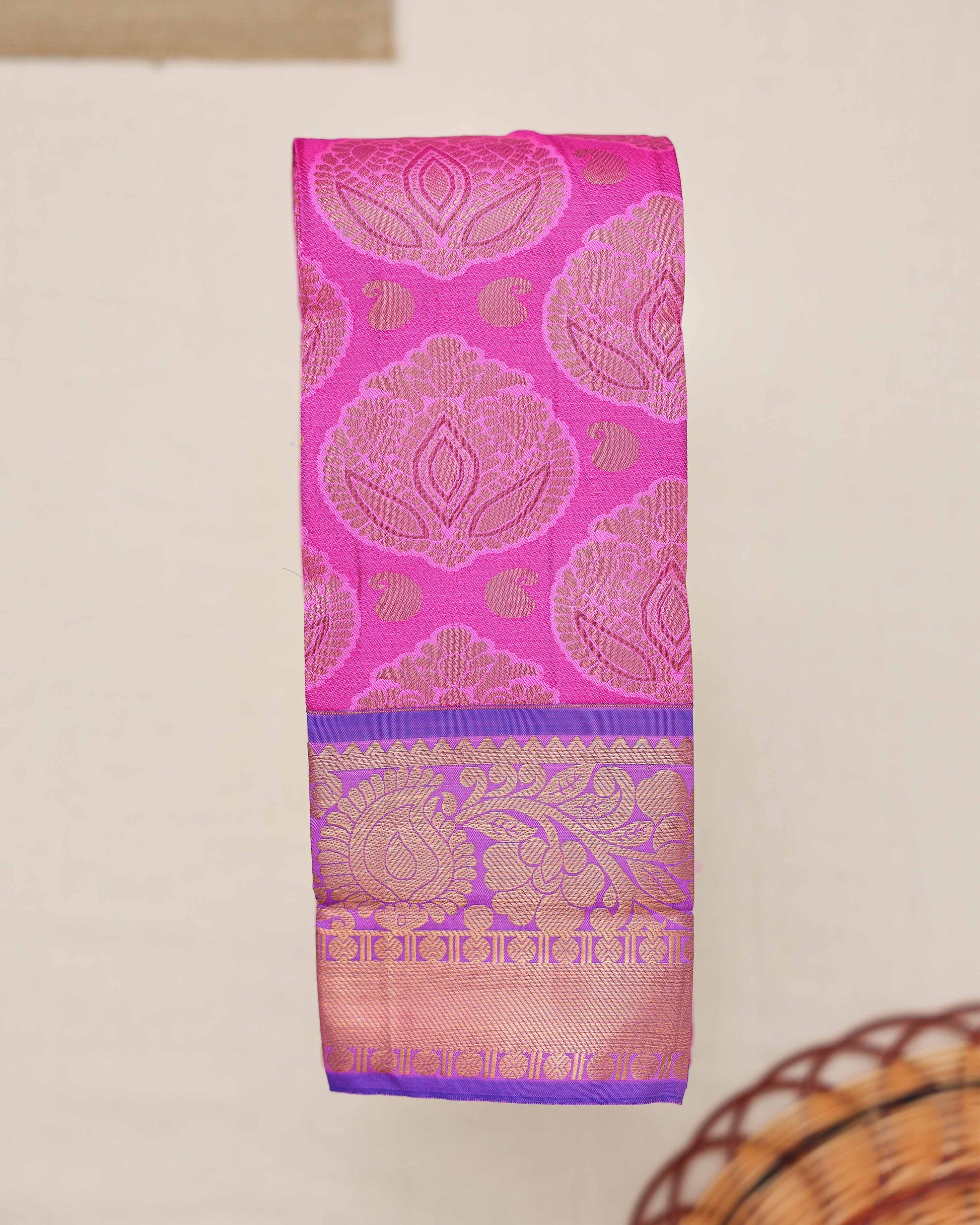 Premium Silk Saree with Intricate Floral Motif Weaving and Rich Zari Border Design - Pink