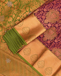 Premium Silk Saree with Intricate Woven Floral and Paisley Motifs Rich Zari Work Elegant Border- Purple-Close Up