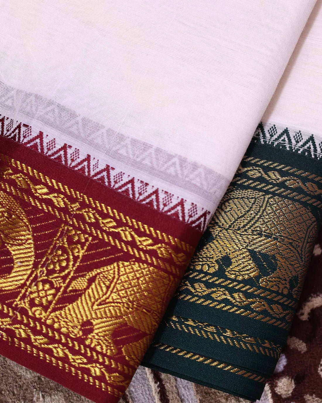 Premium Traditional Men’s Cotton Dhoti with Classic Contrast Border and Intricate Elephant Motif Desig – Off White