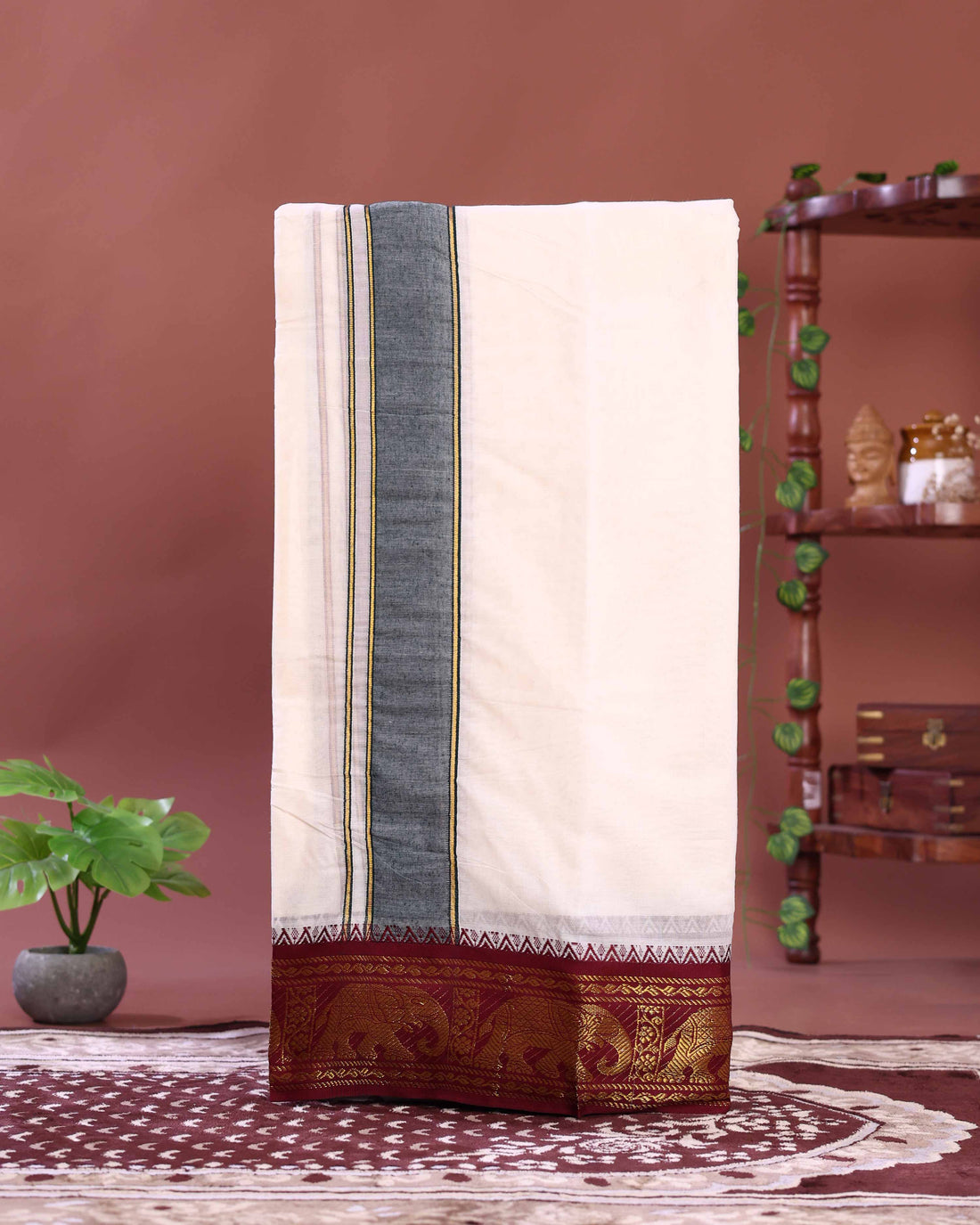 Premium Traditional Men’s Cotton Dhoti with Classic Contrast Border and Intricate Elephant Motif Desig – Off White