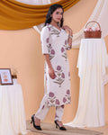 Women’s Floral Printed Kurta Set with Elegant Stitch Detailing  - Off White
