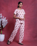 Women’s Printed Nightwear Set Short Sleeve Round Neck Top with Full Length Pajama Pants, Peach