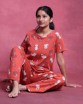 Women’s Printed Nightwear Set Short Sleeve Round Neck Top with Full Length Pajama Pants, Orange