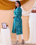 Women's Floral Printed Straight Kurta with 3/4th  Sleeves - Blue