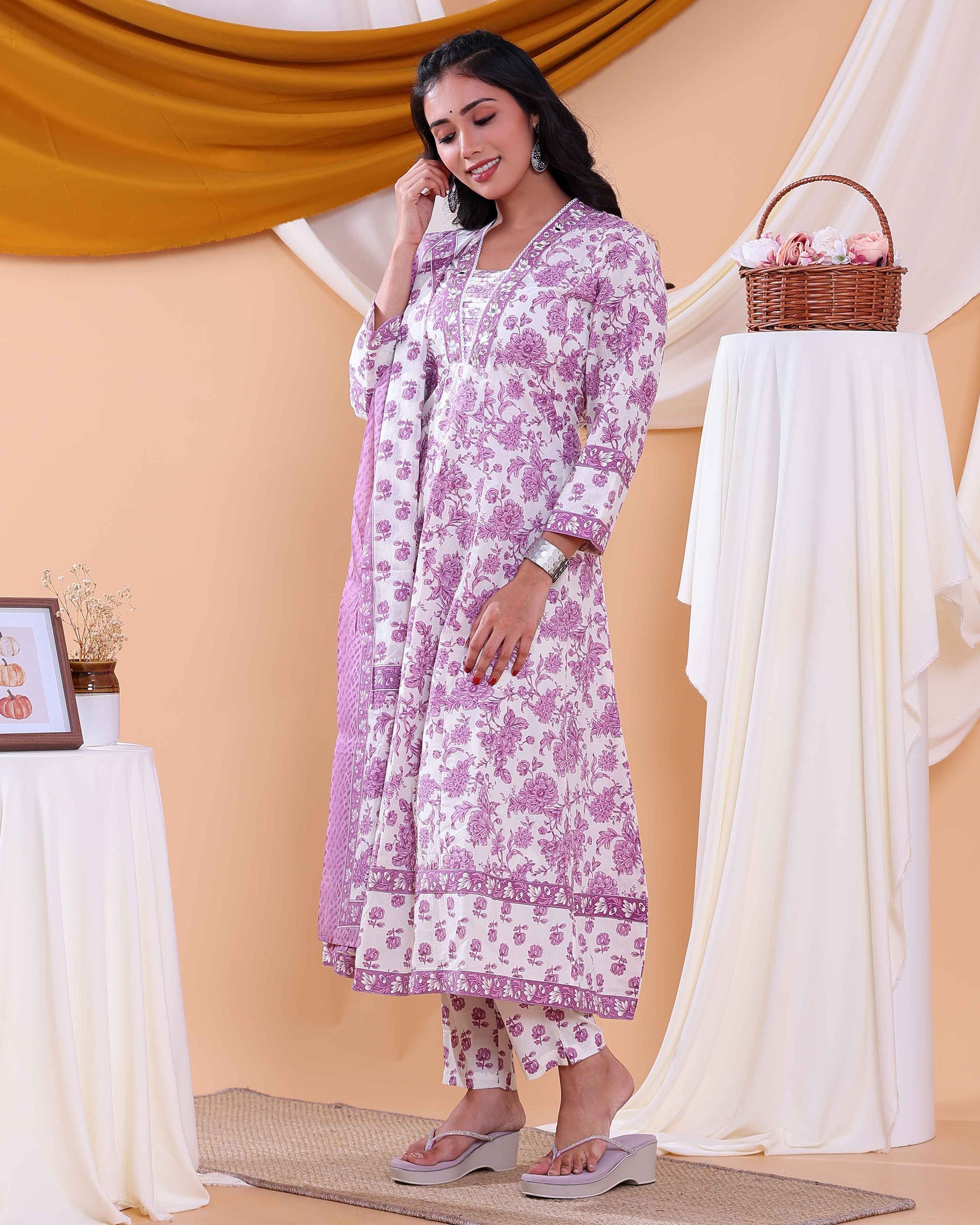 Elegant Floral Printed Women's Readymade Salwar Set with Designer Detailing - Cream