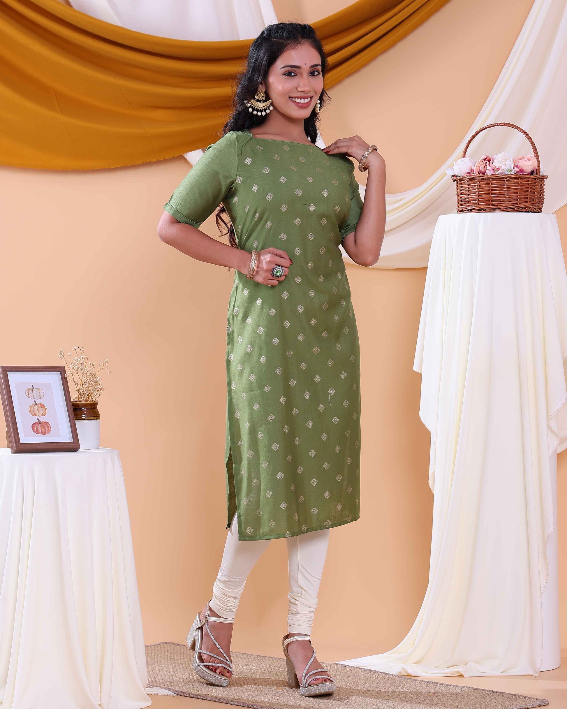 Stylish Printed Women’s Straight Kurta with Round Neck and Elbow Sleeves - Green-Back