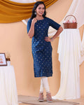 Stylish Printed Women’s Straight Kurta with Round Neck and Elbow Sleeves - Blue-