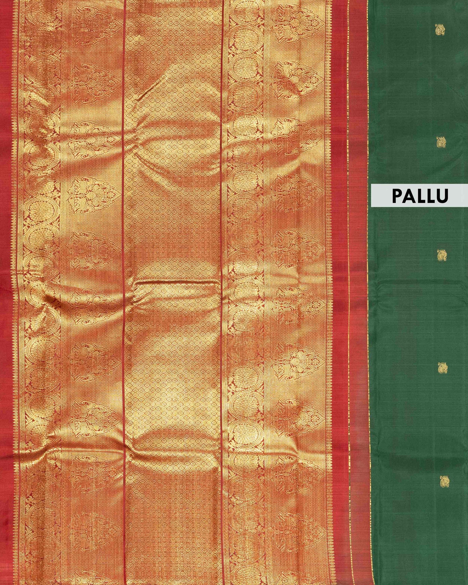 Elegant Pure Handloom Kanchipuram Pure Silk Saree with Zari Woven Buttas and Borderless Design - Green-Pallu