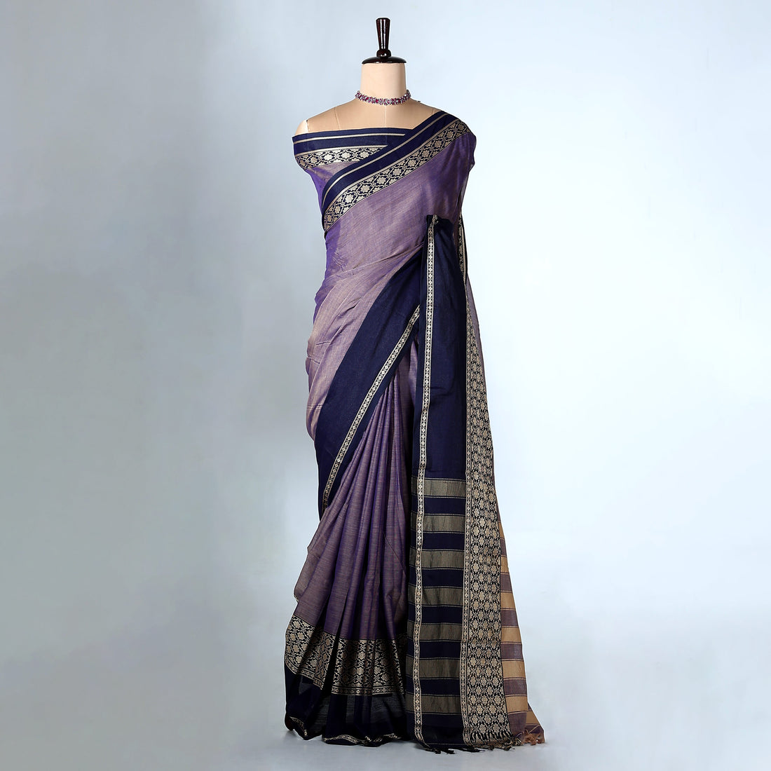 Purple Mangalagiri Cotton Saree With Navy Blue Zari Border And Woven Pallu - Full View
