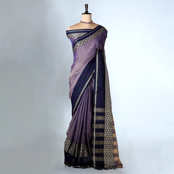 Purple Mangalagiri Cotton Saree With Navy Blue Zari Border And Woven Pallu - Full View
