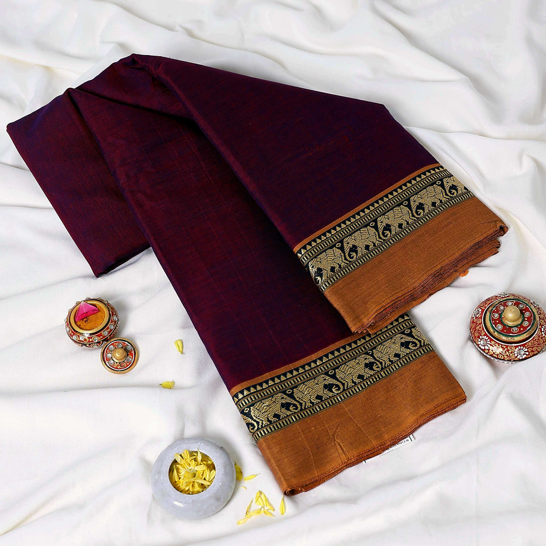 Purple Mangalagiri Cotton Saree with Yellow Border and Pallu - Full View