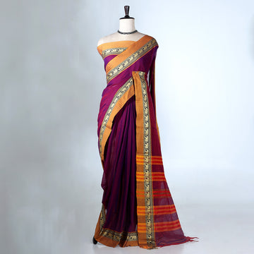 Purple Mangalagiri Cotton Saree with Yellow Border and Pallu - Full View