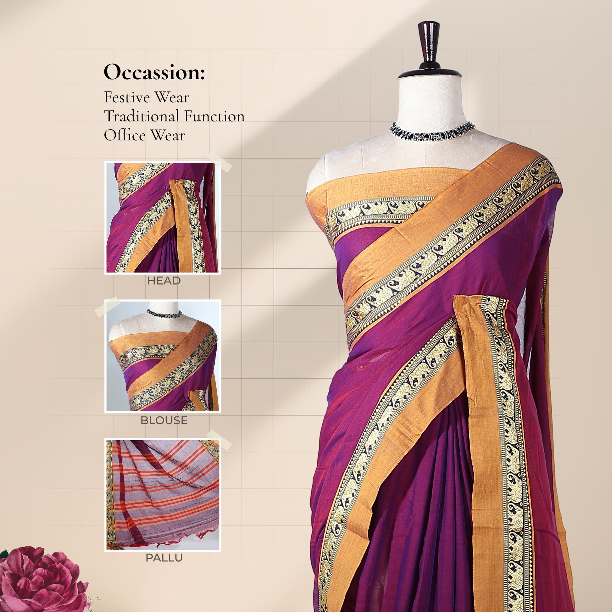 Purple Mangalagiri Cotton Saree with a Yellow Border Elephant Motif Zari Detailing and Striped Pallu