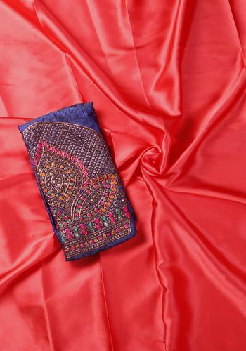 Red Colour Satin Saree With Embroidered Blouse Piece